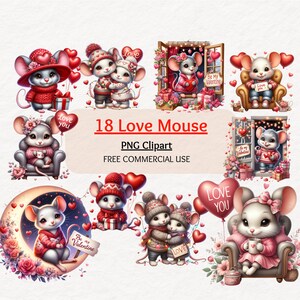 Paquete de imágenes prediseñadas de Valentine Mouse, imágenes prediseñadas del Día de San Valentín, imágenes prediseñadas de amor, png de ratón, pareja de ratones, diarios basura, scrapbooking, descarga digital