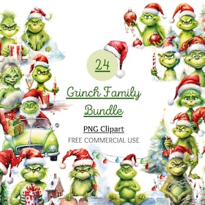 May include: A digital collection of 24 watercolour illustrations featuring the green Grinch character wearing red Santa hats. The images include various poses with Christmas decorations, gifts, a green car, and candles, with the text Grinch Family Bundle.