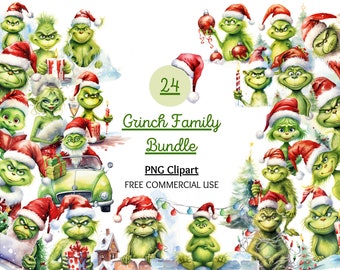 Grinch Family Clipart, Boże Narodzenie PNG, Boże Narodzenie clipart, Pakiet Grinch clipart, Scrapbooking, Pobieranie cyfrowe