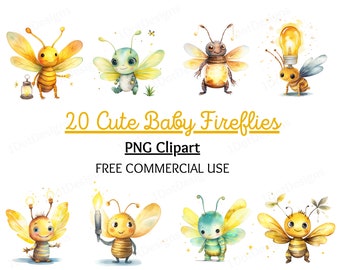Puede incluir: 20 ilustraciones de acuarela de lindas luciérnagas bebés con luces brillantes. Las luciérnagas están en varias poses y tienen alas y luces de diferentes colores. Las ilustraciones son perfectas para agregar un toque de fantasía a cualquier proyecto.