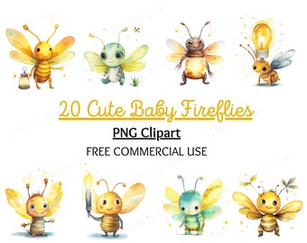 Cute Baby Fireflies Clipart Bundle, Nursery PNG, Watercolor clipart, Cartoon Character png, cartoon png, Butterfly png, Digital Download