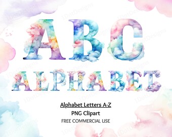 Pastel Watercolor Alphabet Clipart, Cloud Letter PNG (Digital Download)