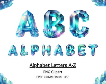 Alfabeto de cristal Aurora, imágenes prediseñadas, letras PNG de acuarela (descarga digital)