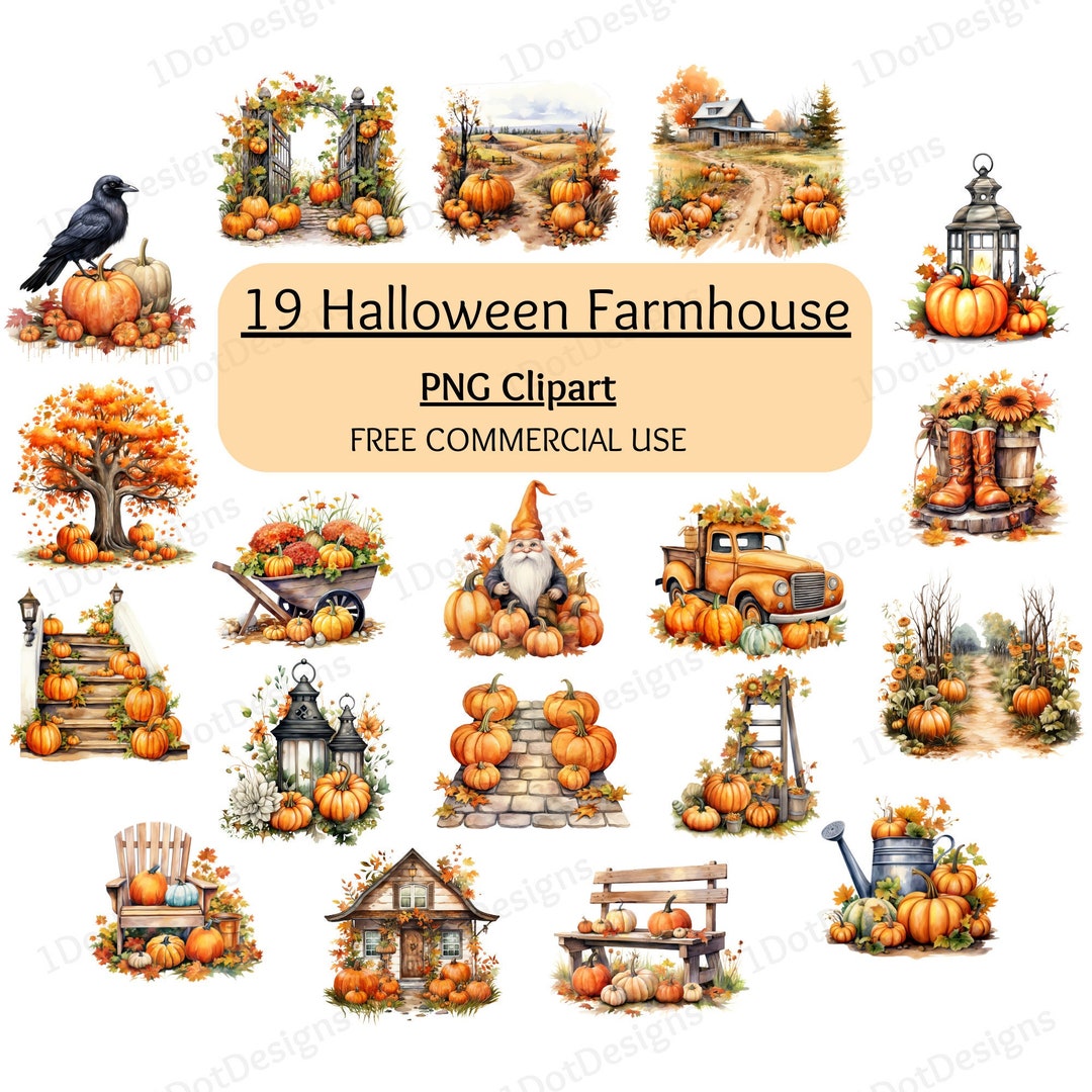 Halloween Farmhouse Clipart Bundle, Halloween PNG, Pumpkin Clipart ...