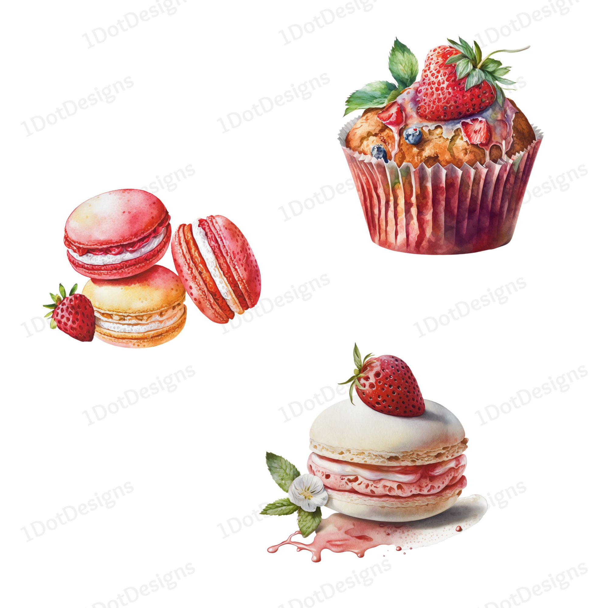 Watercolor Strawberry Dessert Clipart Bundle, Summer PNG (digital ...