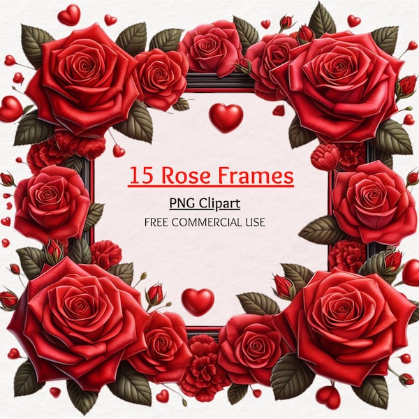 Rose Frame Clipart Bundle, Floral clipart, Floral frame png, Heart wreath, Scrapbooking, Invitation cards, Digital Download