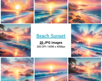 Papel digital "Atardecer en la playa" – 20 JPG, imágenes prediseñadas costeras (uso comercial)