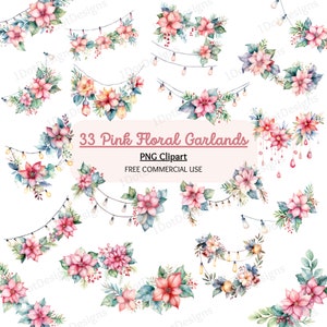 Pink Christmas Garland Clipart, Floral garland PNG, Christmas lights png, Wedding digital graphics, Pink Christmas png, Digital Download