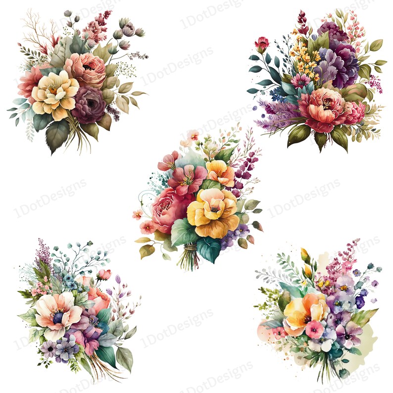 Mixed Flower Bouquet Clipart Bundle Floral PNG Watercolor - Etsy