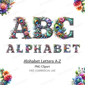 May include: A colorful alphabet with peacock feathers, jewels, and flowers. The letters are A, B, C, and the word ALPHABET is spelled out below. The text "Alphabet Letters A-Z" and "PNG Clipart" are below the letters. The text "FREE COMMERCIAL USE" is below the clipart text.