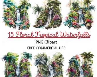 Floral Tropical Waterfall Watercolor Clipart Bundle (Digital Download)
