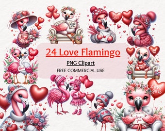 Watercolor Valentine Flamingo Clipart Bundle (Digital Download)