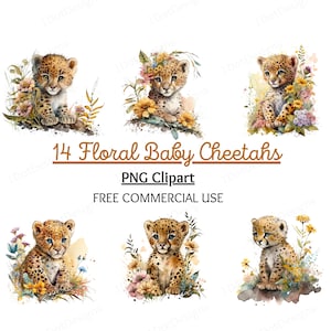 Floral Baby Cheetah Clipart Bundle, Cheetah PNG, Watercolor clipart, nursery clipart, nursery png, floral cheetah png, Digital Download