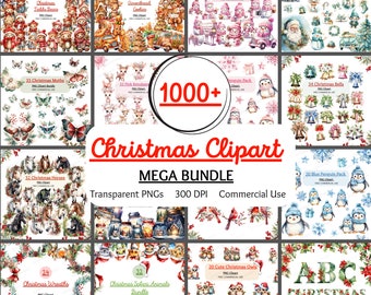 Méga lot de cliparts de Noël aquarelle, PNG transparents (téléchargement numérique)