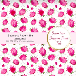 Puede incluir: Azulejo de patrón sin costuras con fruta de dragón rosa sobre un fondo blanco con puntos negros. El azulejo mide 12 pulgadas por 12 pulgadas y 300 DPI. El texto "Seamless Dragon Fruit Tile" está en un círculo dorado.