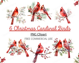 Op de afbeelding: Waterverfillustratie van zes rode kardinaalvogels die op takken met bessen en groen zitten. De tekst luidt: "6 Christmas Cardinal Birds PNG Clipart FREE COMMERCIAL USE."