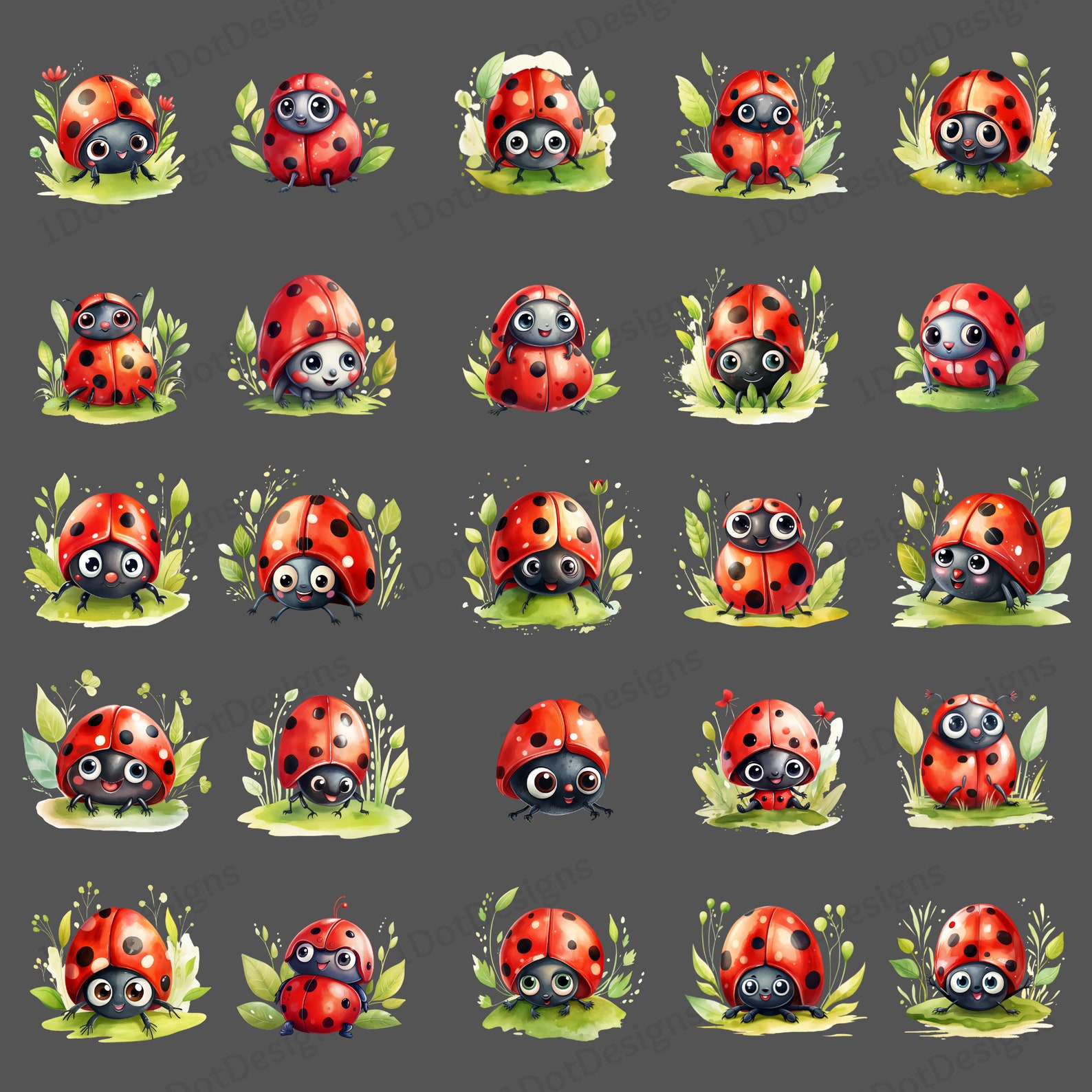 Cute Baby Ladybug Clipart Bundle, Nursery PNG, Watercolor Clipart