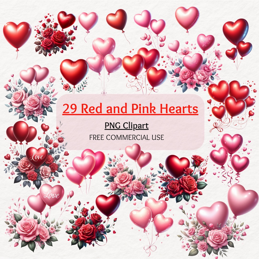 Heart Balloons Clipart Bundle, Valentines Day Clipart, Red Heart Png ...
