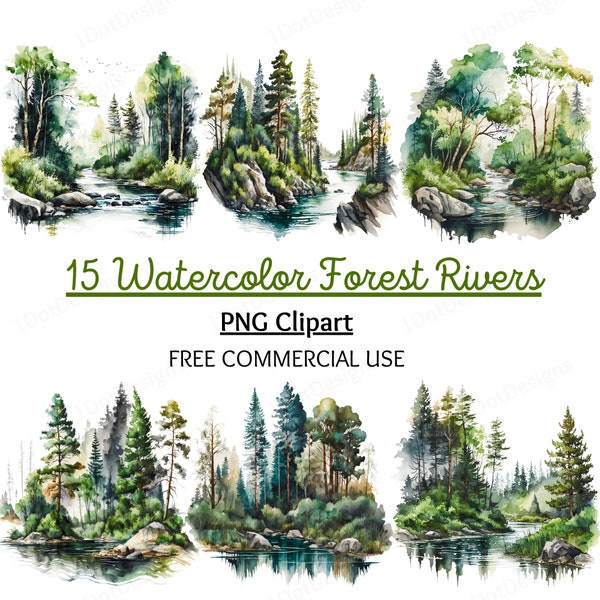 Watercolor Forest River Clipart Bundle,  Forest PNG, Watercolor clipart, Nature clipart, River clipart, Landscape clipart, Digital Download