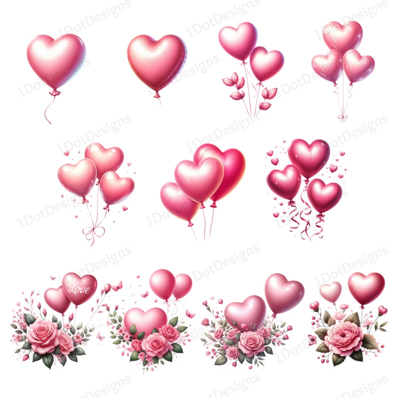 Watercolor Heart Balloons Clipart Bundle, Valentine's Day PNG (digital ...