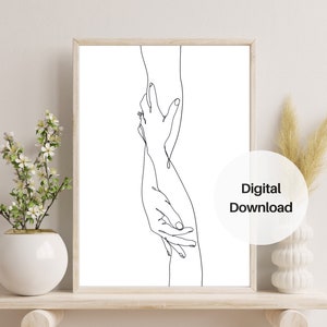 Wedding Gift Couple Holding Hands Line Art Print: Just married, Minimalist Couple Hands Line Drawing Poster. Love Home Decor