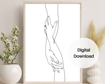 Huwelijkscadeau paar hand in hand Line Art Print: net getrouwd, minimalistische paar handen lijntekening poster. Liefdeshuisdecoratie