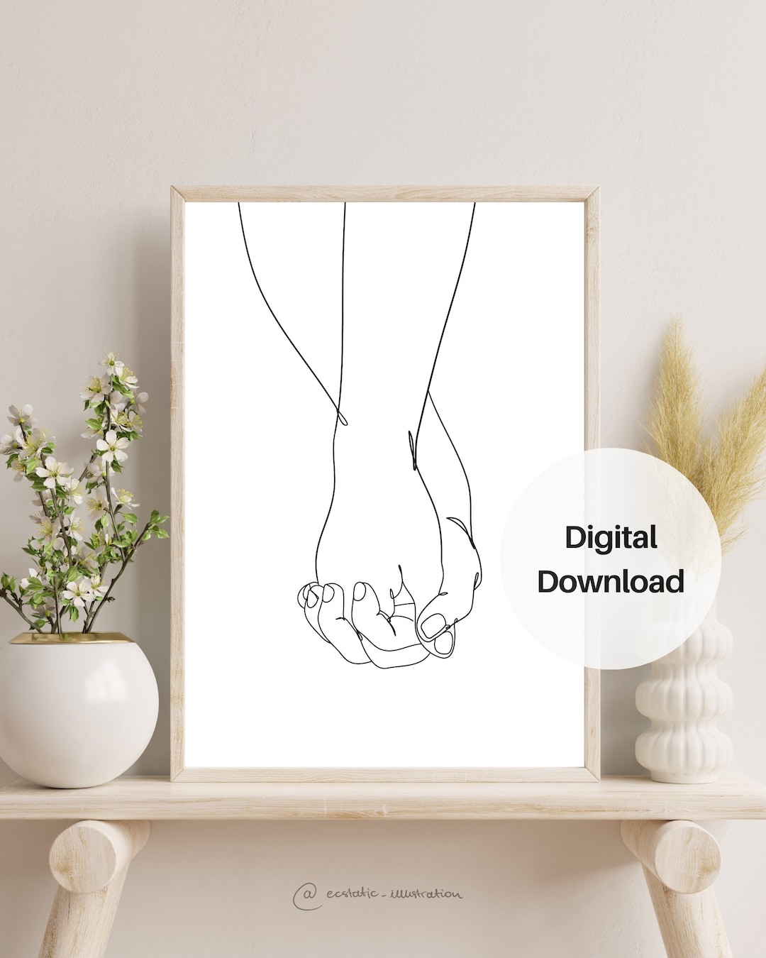 Holding Hands Line Art Print: Minimalist Couple Hands Line Drawing ...