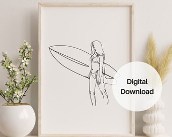 Surfer Girl Line Art-poster: abstracte en moderne zwart-witposter voor de slaapkamer, surfmuurkunst, afdrukbare muurkunst