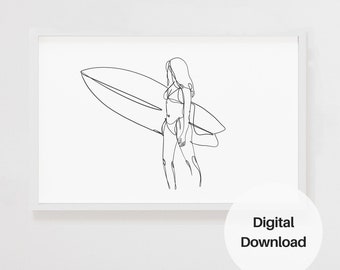 Surfer Girl Line Art Poster horizontaal: abstracte en moderne zwart-witte muurkunst voor de slaapkamer, surfposter, afdrukbare muurkunst