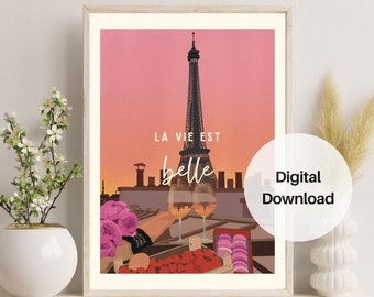 Parijs Travel Print Wall Art, La Vie Est Belle: Eiffeltoren Frankrijk Travel Poster ideaal voor Traveler Home Decor