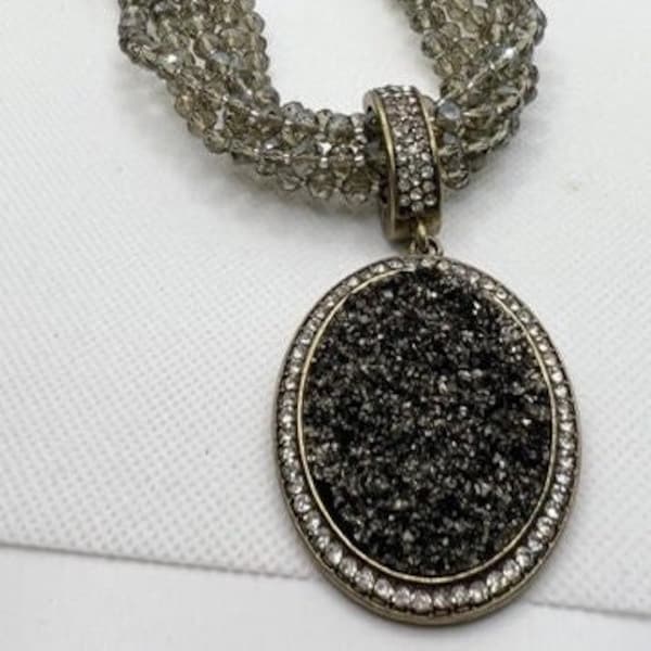 Vintage Joan Rivers smoky 5 strand Czech bead necklace with Druzy Rhinestone pendant.