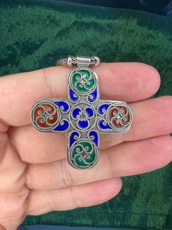 Vintage colorful enamel cross on sterling silver