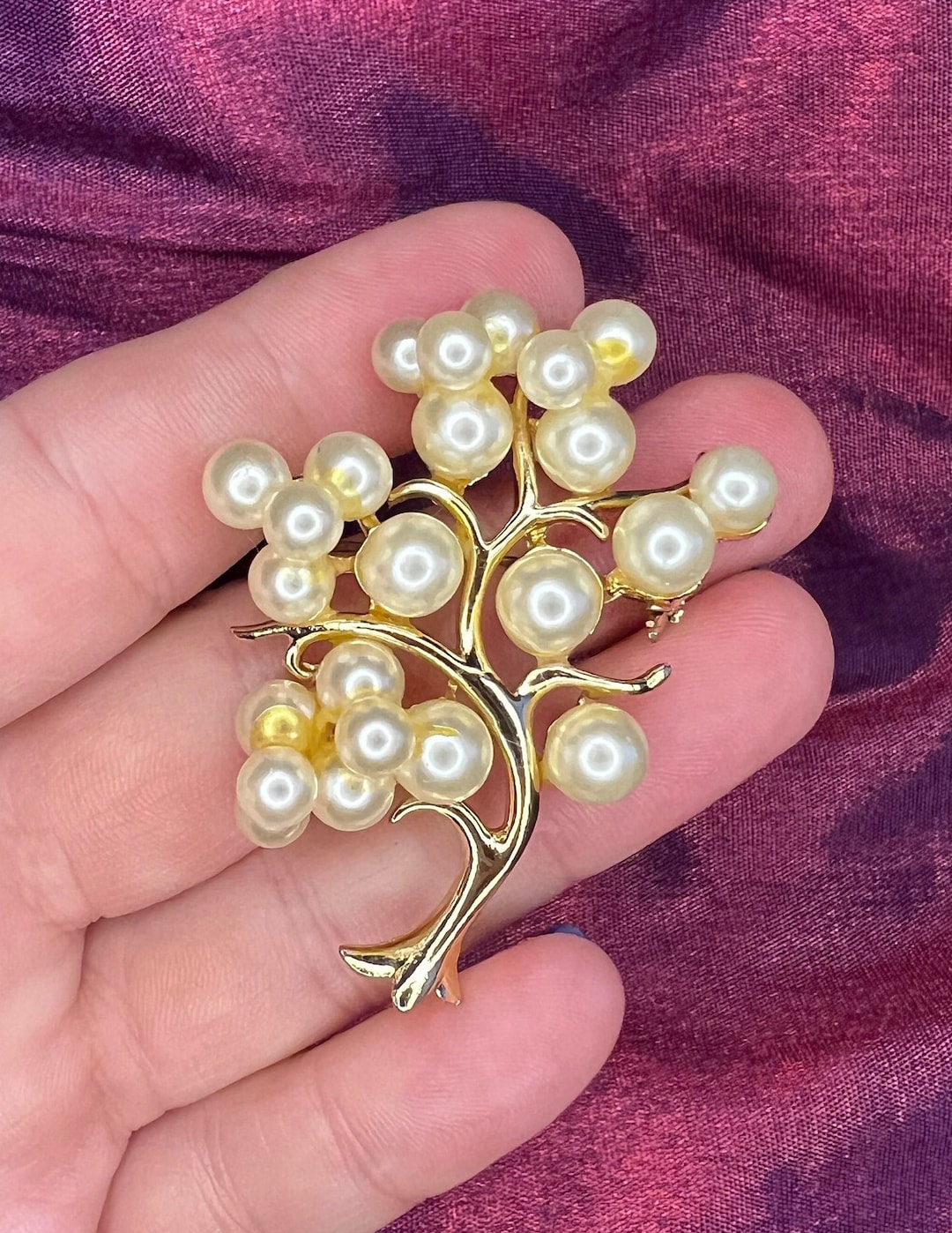 Broche Vintage Arbre De La Vie Avec Fausses Perles - Bijou Ancien Occasion