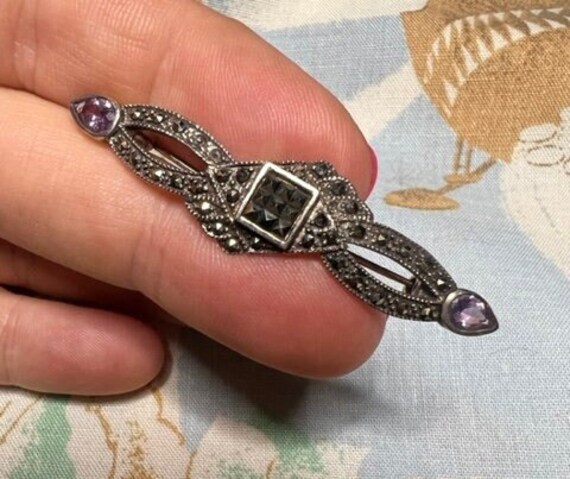 Vintage silver, marcasite and amethyst brooch pin - image 1