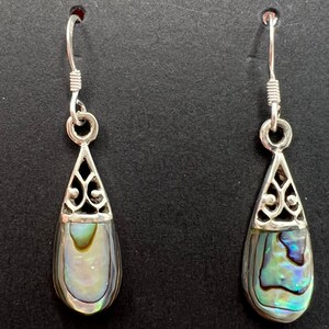 Può includere: Un paio di orecchini pendenti in argento con un'incisione a forma di lacrima in madreperla di abalone. Gli orecchini hanno un delicato design a filigrana e sono perfetti per aggiungere un tocco di eleganza a qualsiasi outfit.