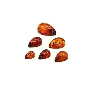 May include: Assortment of six teardrop-shaped amber gemstones in various sizes and shades of orange and red.