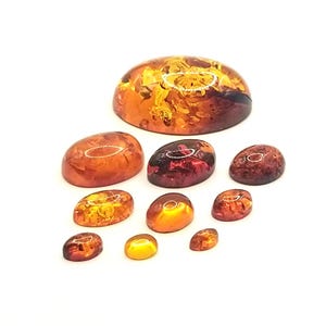 Pode incluir: Conjunto de cabochões de âmbar em vários tamanhos e tons de laranja, vermelho e marrom. Os cabochões são de forma oval e têm um acabamento liso e polido.