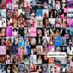 May include: A digital collage composed of diverse images, including celebrities, magazine covers, and text. The collage incorporates the text "digital collage", "PLAYBOY", "MONEY IS THE MOTIVE", and "Britney". The images are in a range of colours.
