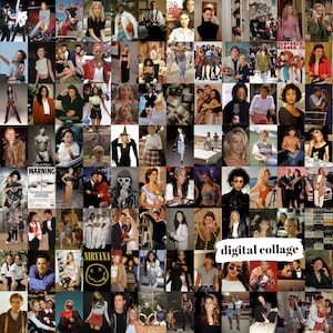 Puede incluir: Un gran collage digital que presenta numerosas fotografías de la cultura pop de los años 90, incluyendo celebridades, músicos y fotos de moda, con el texto digital collage centrado en un recuadro blanco en la parte inferior derecha.