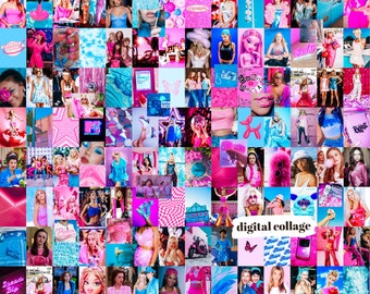 May include: A digital collage featuring a variety of images in pink, blue, and white. The collage includes images of people, fashion, and pop culture icons. The text "digital collage" is included in the image.