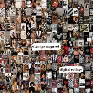 May include: A digital collage featuring a collection of images with a grunge aesthetic. The collage includes various photos, text, and graphics in black, white, and sepia tones. The text "Grunge mega set" and "digital collage" are visible.