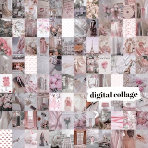 May include: A digital collage featuring a variety of images in shades of pink and white. The collage includes images of flowers, teacups, books, and other objects. The text "digital collage" is written in the centre of the collage.