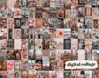 Può includere: Un collage digitale di immagini con monumenti parigini, fiori e caffè. Il collage è in una gamma di colori rosa e marrone e include il testo "digital collage".