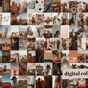 May include: A digital collage featuring a variety of images related to horses and the American West. The collage includes images of horses, saddles, boots, and other Western-themed items. The text "howdy" and "Yee Haw" are also included in the collage.