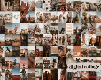 Könnte beinhalten: Eine digitale Collage mit verschiedenen Bildern zum Thema Pferde und dem amerikanischen Westen. Die Collage enthält Bilder von Pferden, Sätteln, Stiefeln und anderen Gegenständen im Western-Stil. Der Text "howdy" und "Yee Haw" ist ebenfalls in der Collage enthalten.