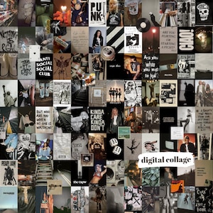 Può includere: Un collage digitale con una varietà di immagini e testo. Il collage include immagini di persone, copertine di album e testo come "Punk", "Anti Social Social Club" e "Digital Collage". La combinazione di colori è principalmente bianco e nero.