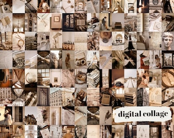 May include: A digital collage of images in shades of brown and beige. The collage features various architectural details, books, and vintage objects. The text "digital collage" is displayed at the bottom of the image.