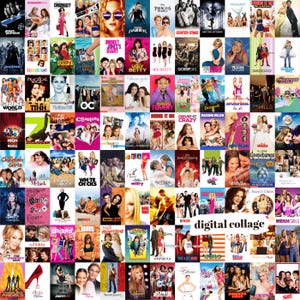 Op de afbeelding: Een digitale collage van filmposters, met titels als "Mean Girls", "Clueless" en "Legally Blonde". De collectie toont een verscheidenheid aan genres, waaronder komedies, drama's en romantische films, met levendige kleuren en diverse beelden.