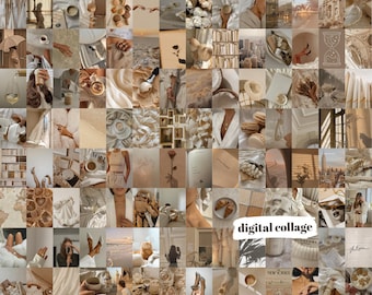 May include: A digital collage of images in beige and brown tones. The collage features various objects, including flowers, books, a cityscape, and a map. The text "digital collage" is written in black on a white background in the center of the collage.