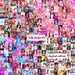May include: A pink digital collage featuring images of celebrities, fashion, and pop culture icons. The collage includes the text "Y2K mega set" and "digital collage". The overall theme is a nostalgic look at the early 2000s.